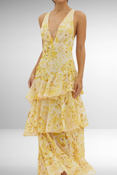 Anni | Dame Forårs Elegant Blomstret Lagdelt Maxi Kjole