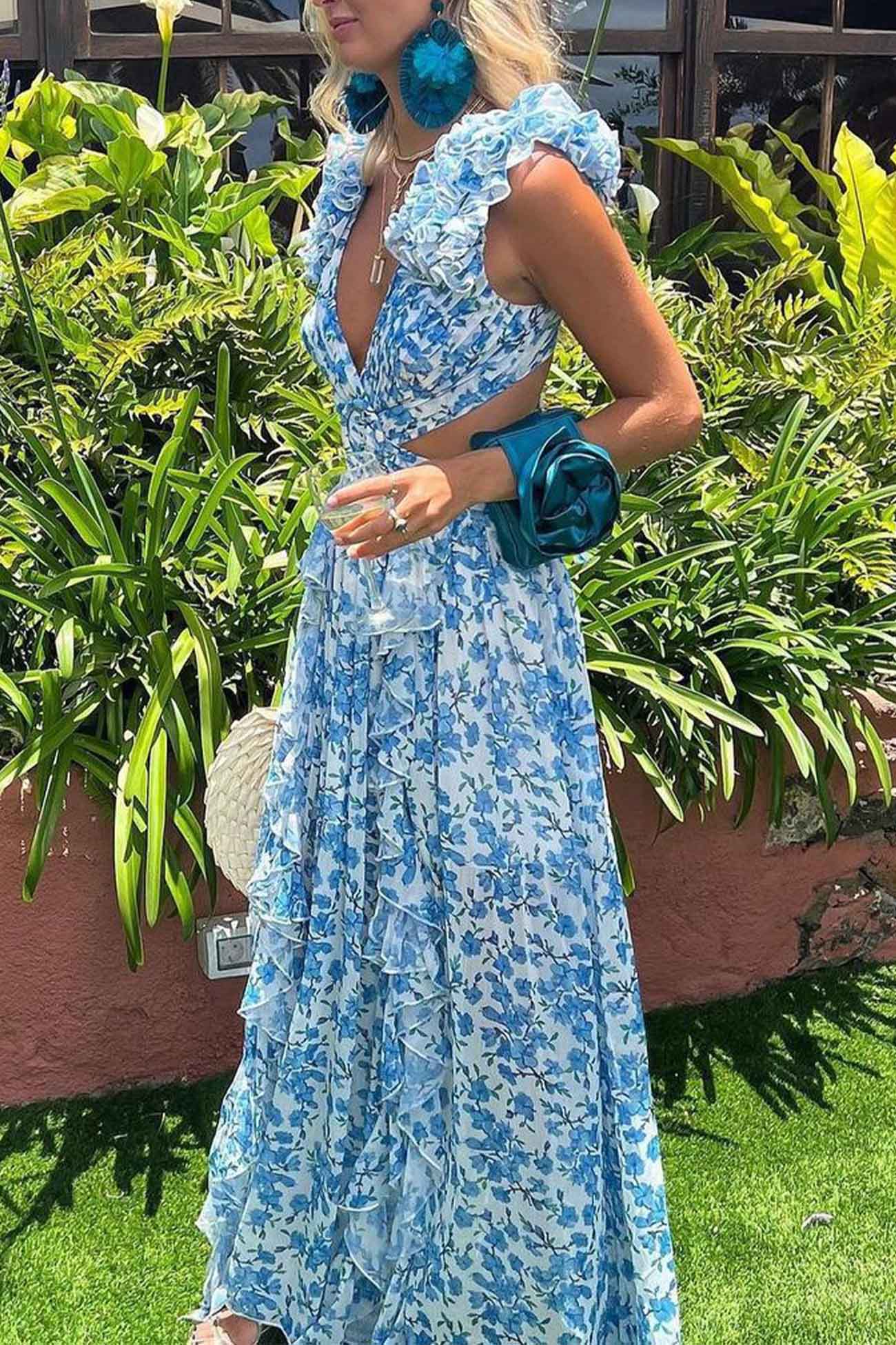 Benedikte | Kvinders Blomstret Maxikjole med Rynker og V-hals