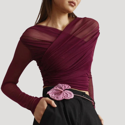 Emilie | Dame Forårs Transparent Slå-om Top med Lange Ærmer