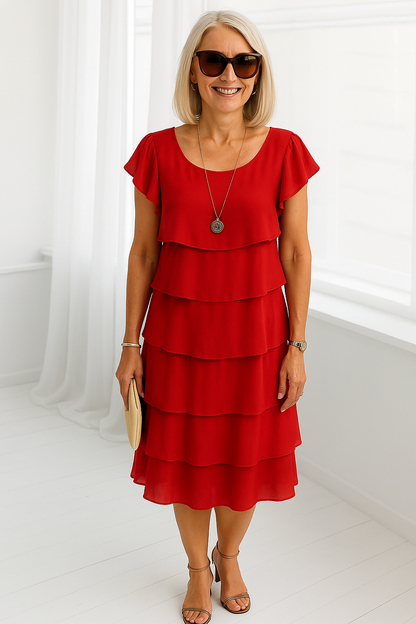 Norina | Kvinders Lagdelt Midi Kjole med Korte Ærmer