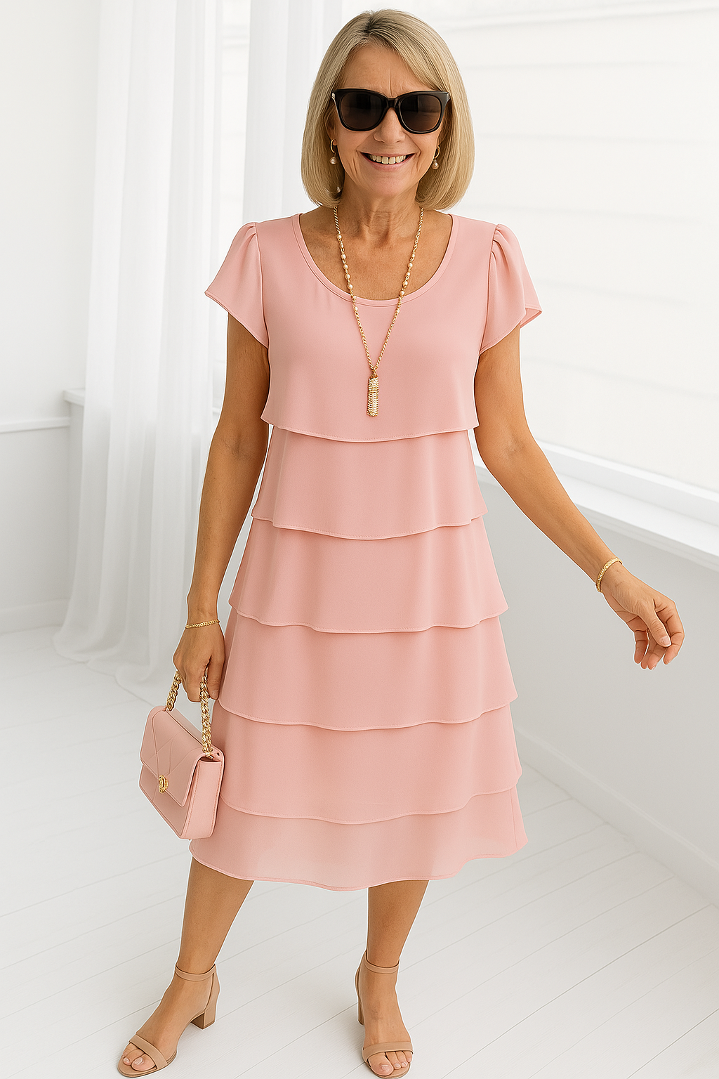 Norina | Kvinders Lagdelt Midi Kjole med Korte Ærmer