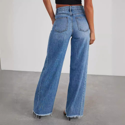 Juliane | Vintage Vaskede Jeans med Brede Ben og Lige Pasform