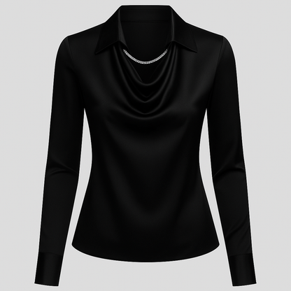 Charline | Dame Satinbluse med Vandfaldshals og Lange Ærmer