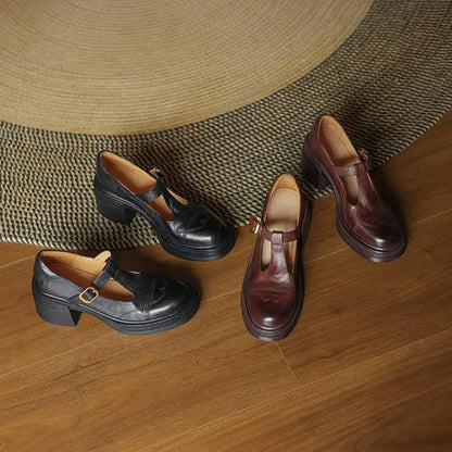 Thora | Klassiske Dame Læder T-rem Sko